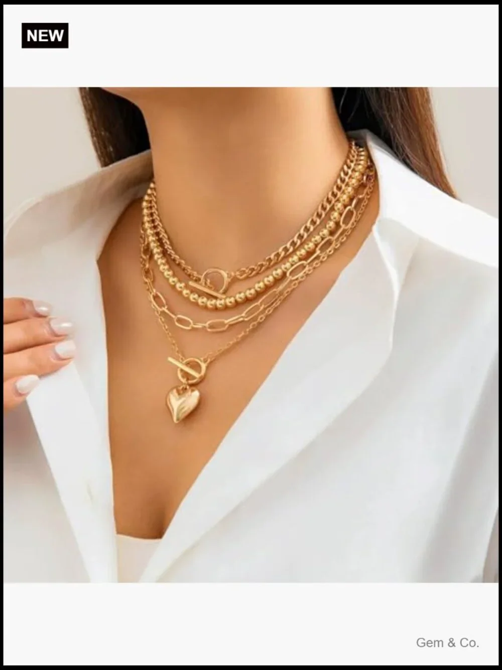 Layered Gold Heart Paperclip Necklace Set Chunky Trendy Party Jewelry